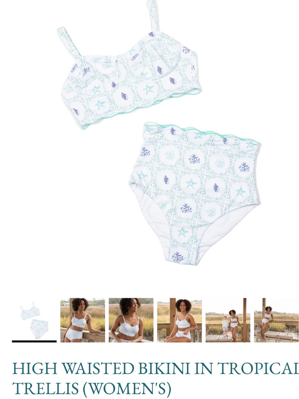 High-Waisted Women's Bikini Set in White with Aqua Tropical Trellis